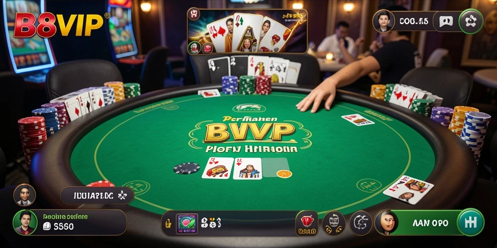 Screenshot B8VIP menampilkan gameplay poker yang mendebarkan dan kompetitif.