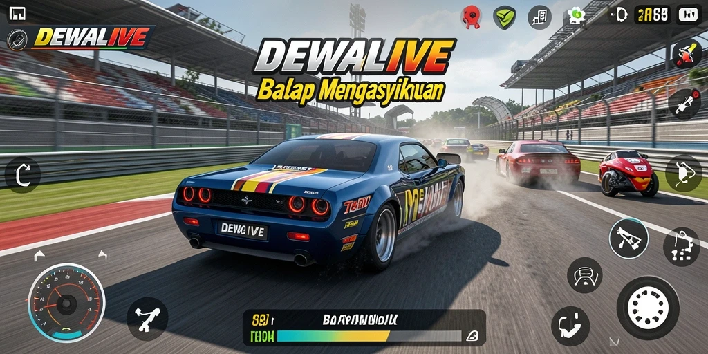 Gameplay seru DEWALIVE dengan mobil yang bersaing di lintasan balap.