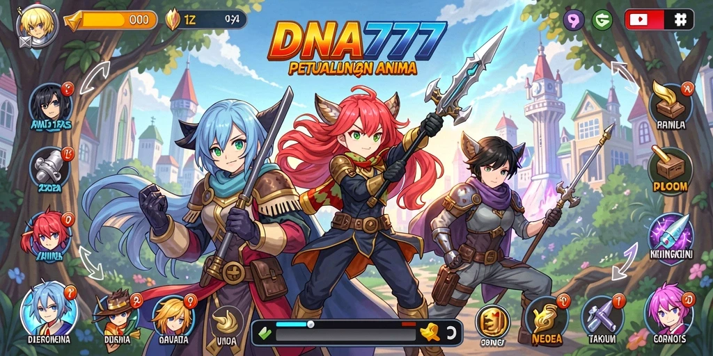 Tampilan gameplay DNA777 yang menampilkan karakter anime yang dinamis.