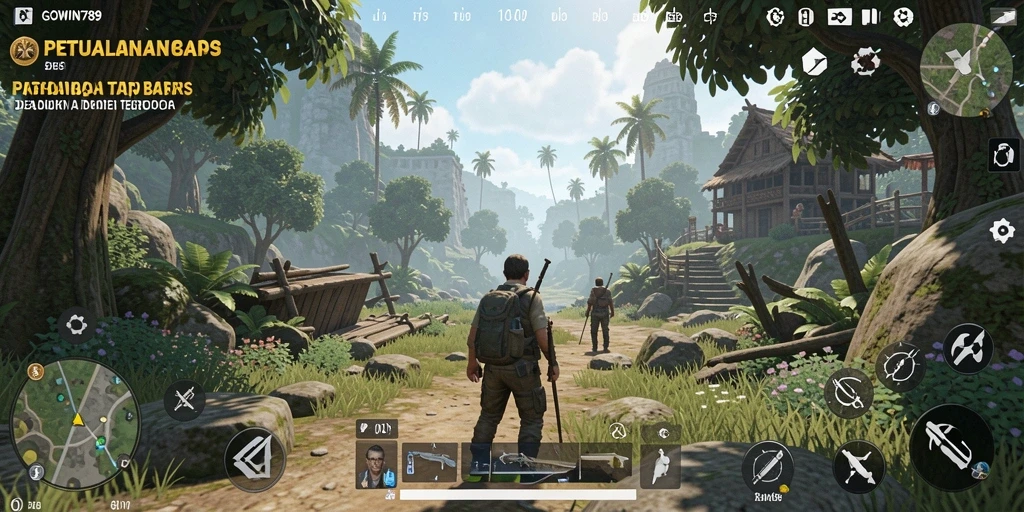 Screenshot gameplay GOWIN789 menampilkan petualangan di dunia terbuka yang megah.