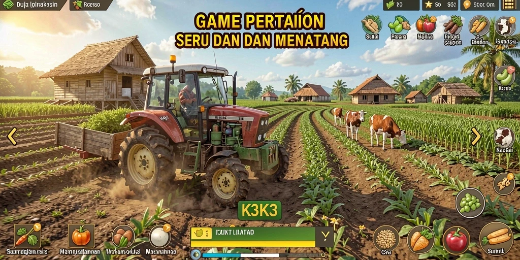 Tampilan gameplay K3K3 yang seru dalam mengelola kebun dan hewan ternak.