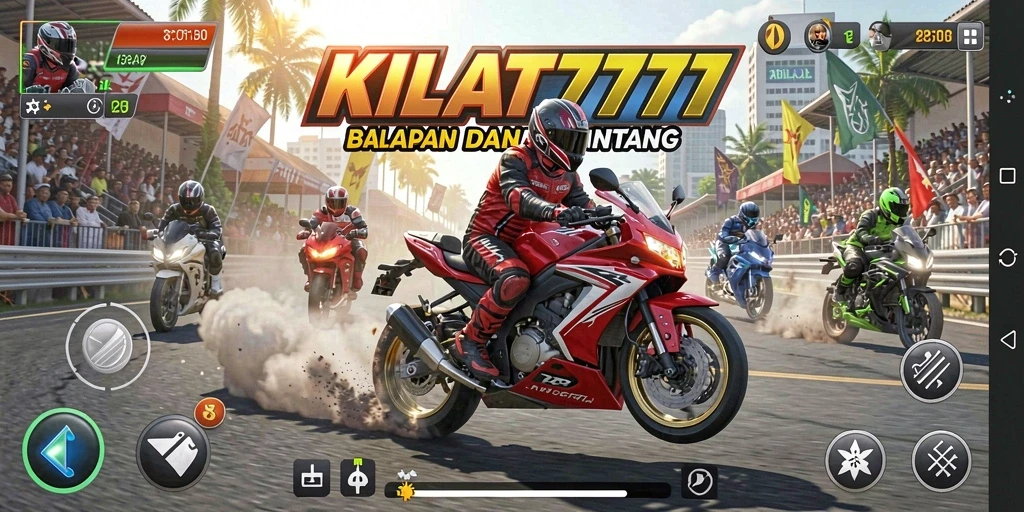 Gameplay seru KILAT777 menampilkan balapan motor di berbagai trek.